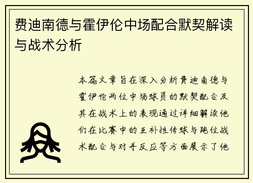 费迪南德与霍伊伦中场配合默契解读与战术分析