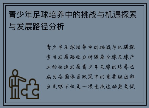 青少年足球培养中的挑战与机遇探索与发展路径分析